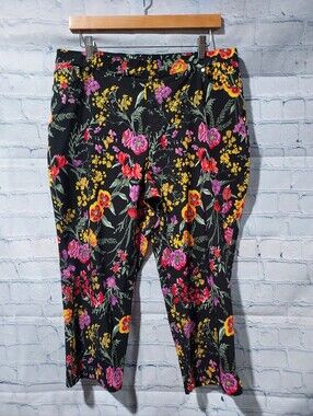 Susan Graver 18WP Floral Black Pants Capri Cropped Viscose Petite Petal Pusher